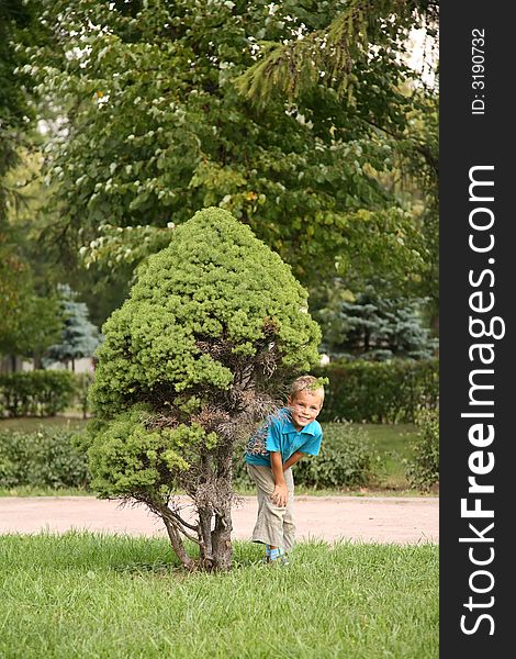 Boy in park near the tree