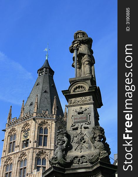 Statue in front of Cologne's Town Hall, Germany.