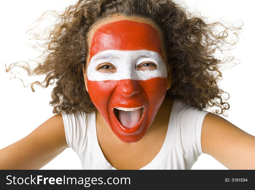 Young screaming Austrian sport's fan with painted flag on face. Front view. Looking at camera, white background. Young screaming Austrian sport's fan with painted flag on face. Front view. Looking at camera, white background