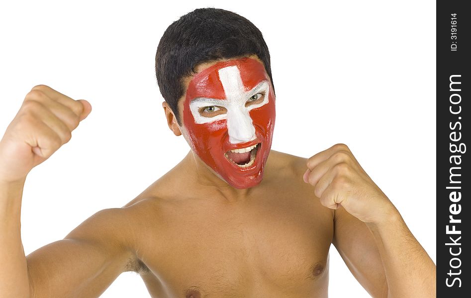 Young screaming and naked Swiss sport's fan with painted flag on face and with clenched fist. Front view. Looking at camera, white background. Young screaming and naked Swiss sport's fan with painted flag on face and with clenched fist. Front view. Looking at camera, white background