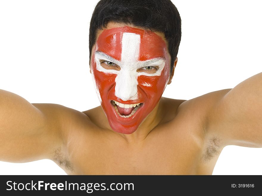 Young screaming and naked Swiss sport's fan with painted flag on face. Front view. Looking at camera, white background. Young screaming and naked Swiss sport's fan with painted flag on face. Front view. Looking at camera, white background