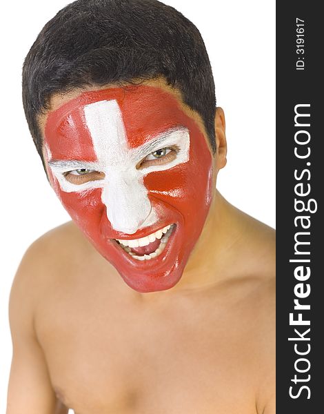 Young screaming and naked Swiss sport's fan with painted flag on face. Front view. Looking at camera, white background. Young screaming and naked Swiss sport's fan with painted flag on face. Front view. Looking at camera, white background