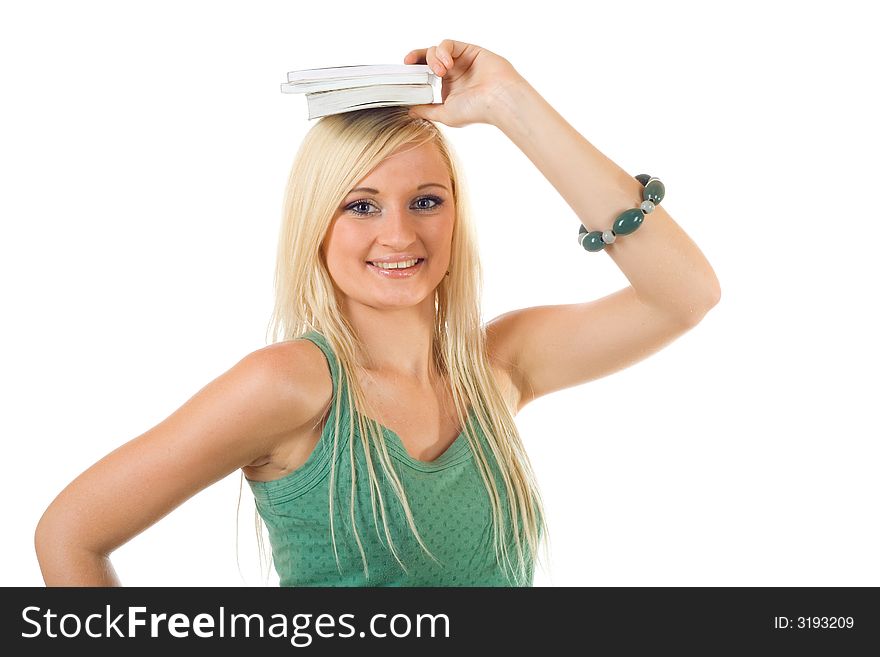 Young girl with big book on the head. Young girl with big book on the head