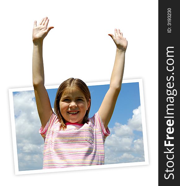 An excited girl with her arms in the air. A 3D effect with the girl coming out of the photo. An excited girl with her arms in the air. A 3D effect with the girl coming out of the photo.