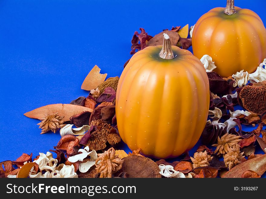 Two pumpkins surrounded by dried leaves and flowers on a blue background. Two pumpkins surrounded by dried leaves and flowers on a blue background.