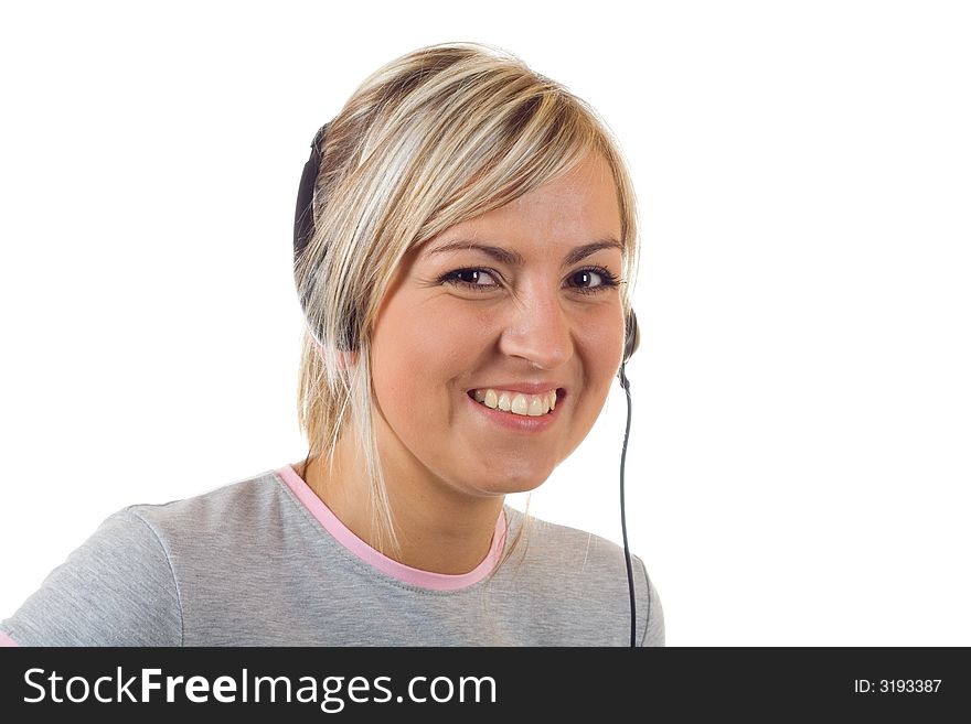 Young girl working with head phones. Young girl working with head phones