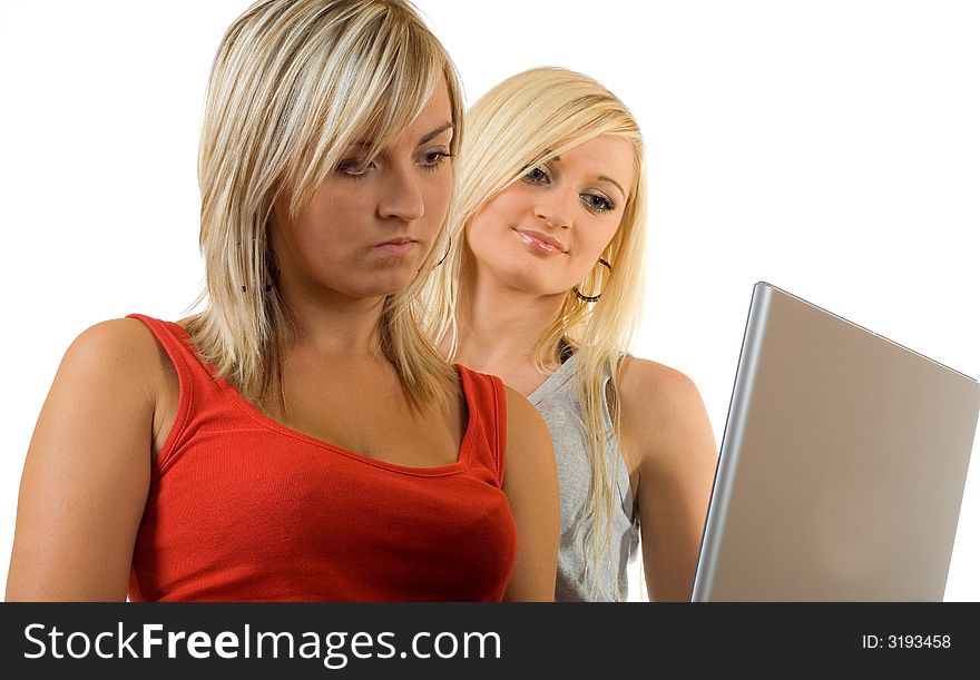 Two young girl - laptop my friend. Two young girl - laptop my friend