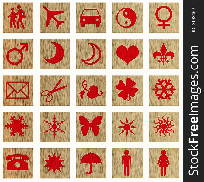 Red colored useful icons - each on a wooden square. Red colored useful icons - each on a wooden square