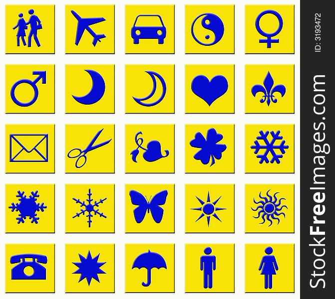 Blue useful icons - each of them on a yellow square. Blue useful icons - each of them on a yellow square