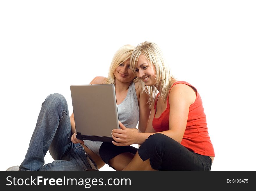 Two young girl - laptop my friend. Two young girl - laptop my friend