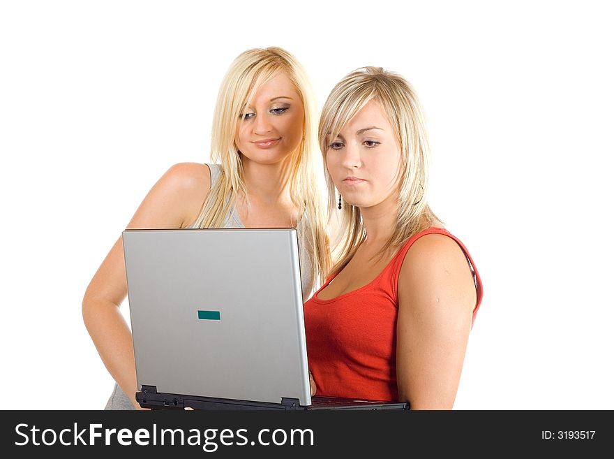 Two young girl - laptop my friend. Two young girl - laptop my friend