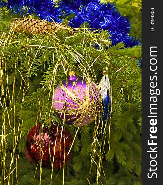 Christmas decorations on a fir tree