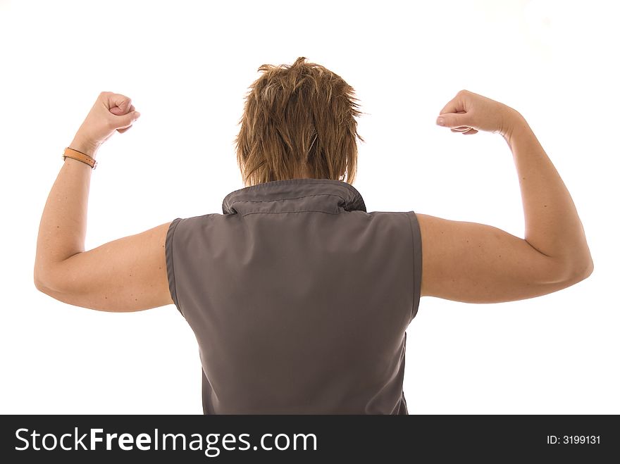 Rear view of woman flexing arm muscles. Rear view of woman flexing arm muscles