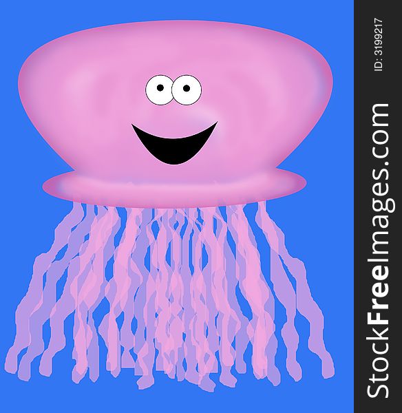 A large, pink, cartoon jellyfish with big eyes and a happy smile.