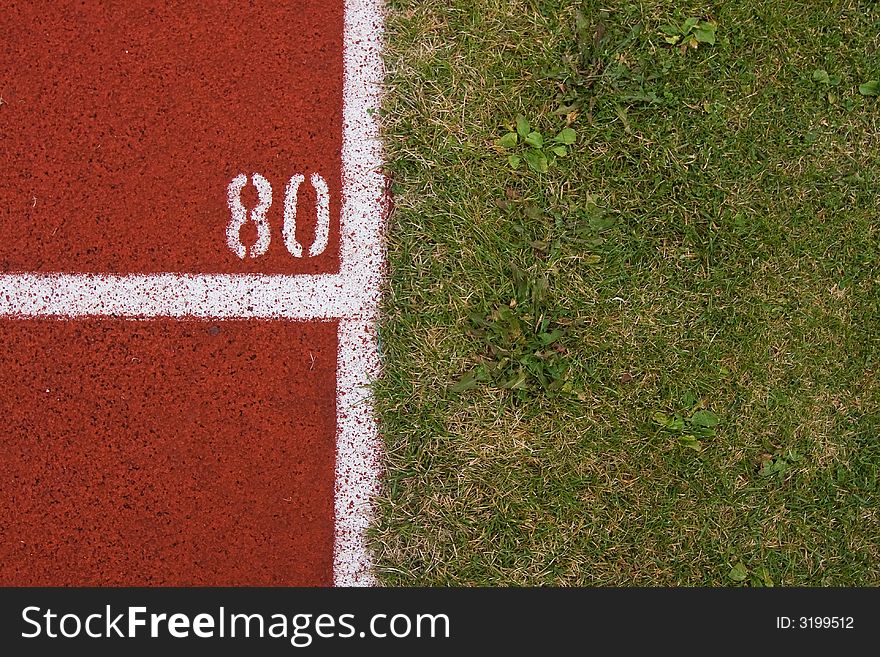 The 80 meter line of athletics running track. The 80 meter line of athletics running track