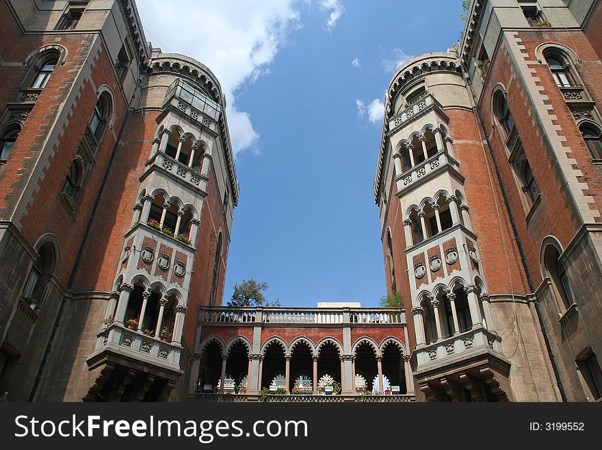 The bottom view on a symmetric historical building. The bottom view on a symmetric historical building