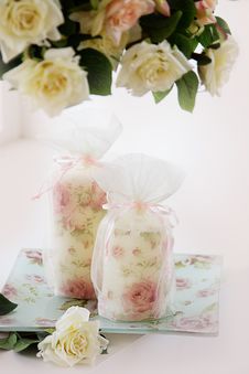 Still-life Whith Delicate Roses And Candles Royalty Free Stock Photography