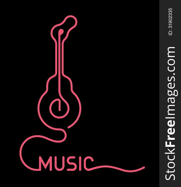 Guitar Neon Sign - vector illustration. Guitar symbol with inscription Music on black background.