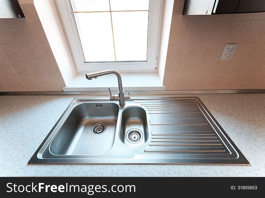 A stainless steel kitchen faucet includes a sink, wide angle of view with window.