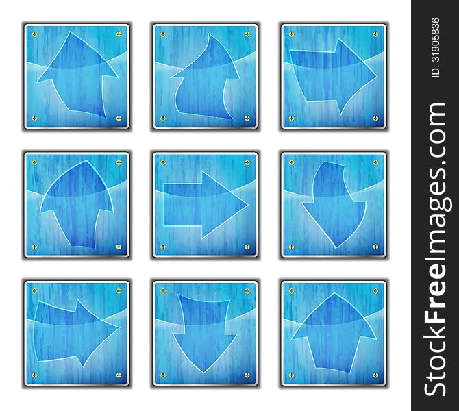 New set of buttons with arrows on wooden background can use like application icons. New set of buttons with arrows on wooden background can use like application icons