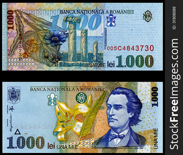 1000 Lei 1998 Old Romanian Mihai Eminescu. 1000 Lei 1998 Old Romanian Mihai Eminescu