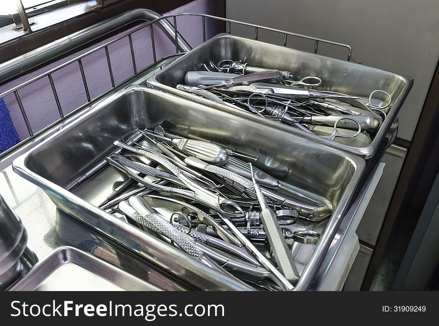 Set of dental tools for teeth care on stainless steel tray. Set of dental tools for teeth care on stainless steel tray