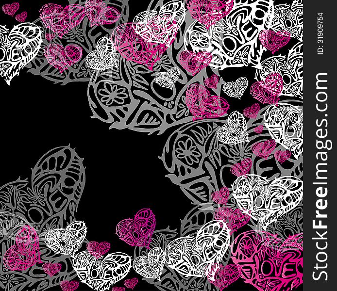 Vector graphic image with white and pink hearts on black background