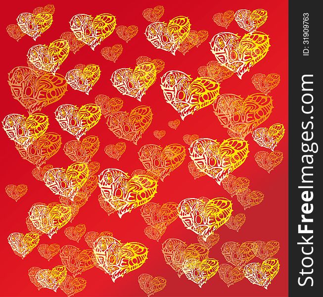 Vector graphic image with yellow hearts on red background