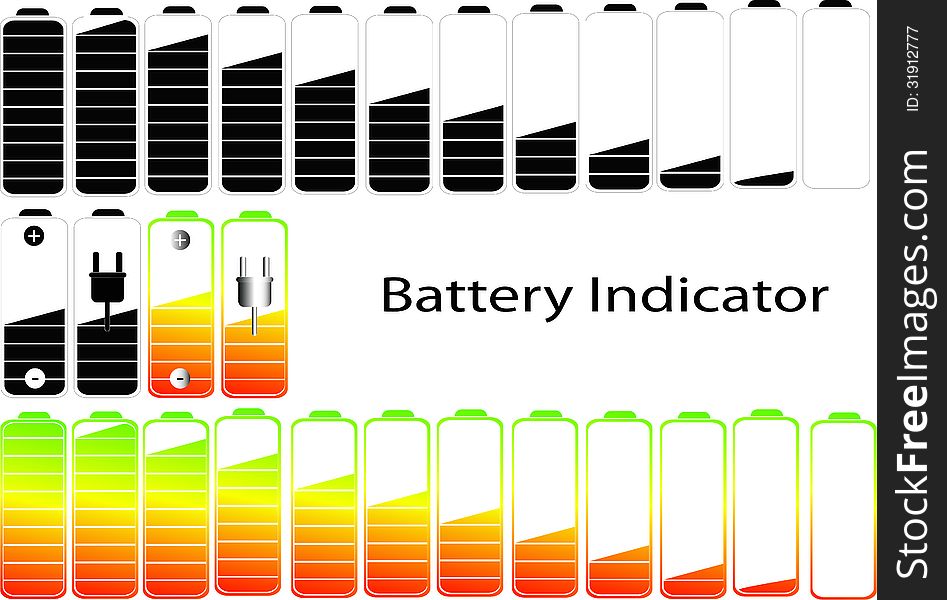 Vector symbols of battery level indicator, isolated on white