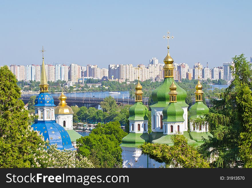 View from the National botanic garden on Vydubychi monastery in Kiev. View from the National botanic garden on Vydubychi monastery in Kiev