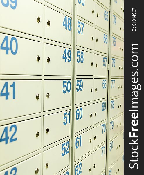Few locked mailboxes in postoffice. Few locked mailboxes in postoffice