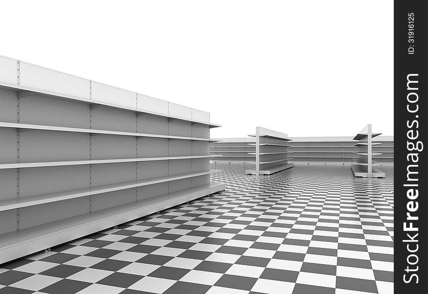 Standard supermarket shelving system - high res render. Standard supermarket shelving system - high res render