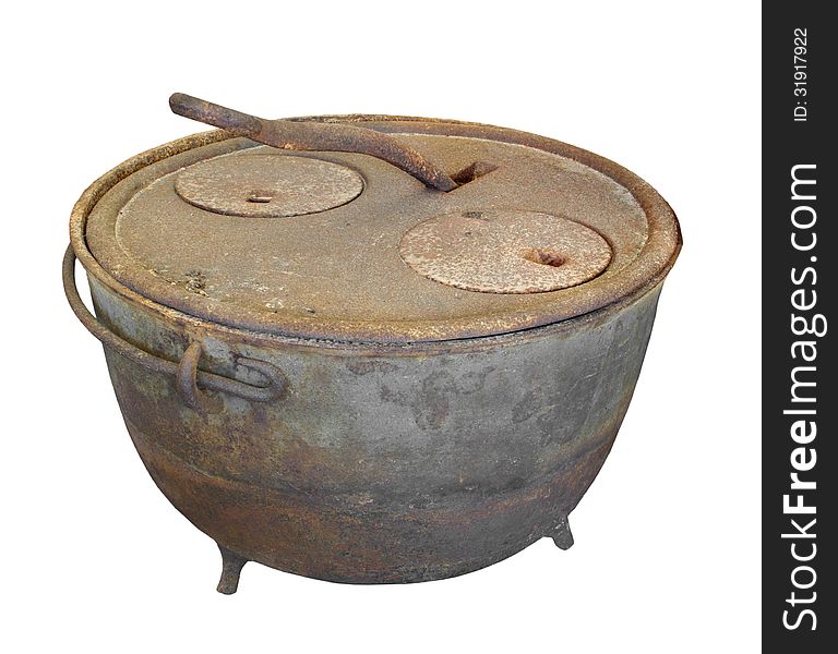 Old rusted and worn two-burner field kettle stove with lid lifter. Isolated on white. Old rusted and worn two-burner field kettle stove with lid lifter. Isolated on white.