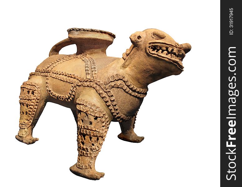 Ancient Mayan pottery vessel in the shape of a stylized jaguar. Isolated on white. Ancient Mayan pottery vessel in the shape of a stylized jaguar. Isolated on white.