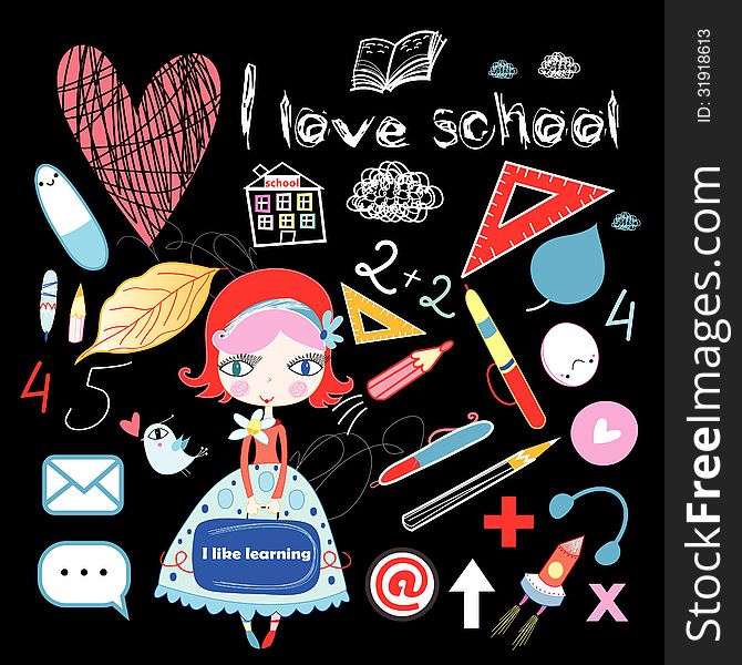 Cheerful schoolgirl and graphics school set on a dark background. Cheerful schoolgirl and graphics school set on a dark background