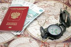 Passport, Money And Compass. Stock Image