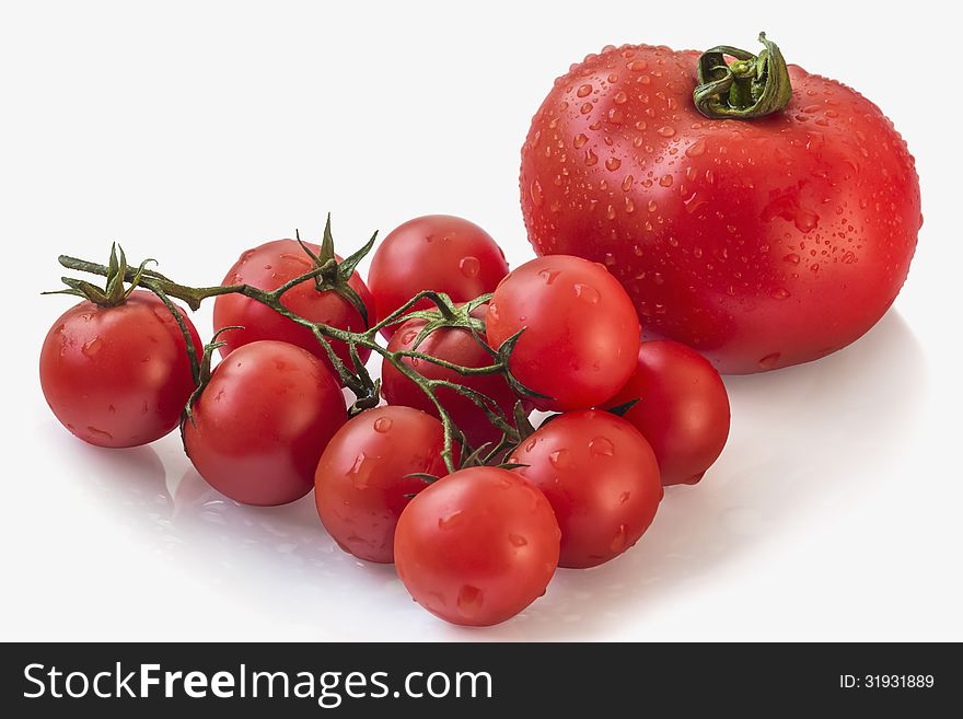 Bunch of fresh, juicy, ripe Cherry Tomatoes, set on white background, and isolated with precise Clipping Path. Bunch of fresh, juicy, ripe Cherry Tomatoes, set on white background, and isolated with precise Clipping Path.