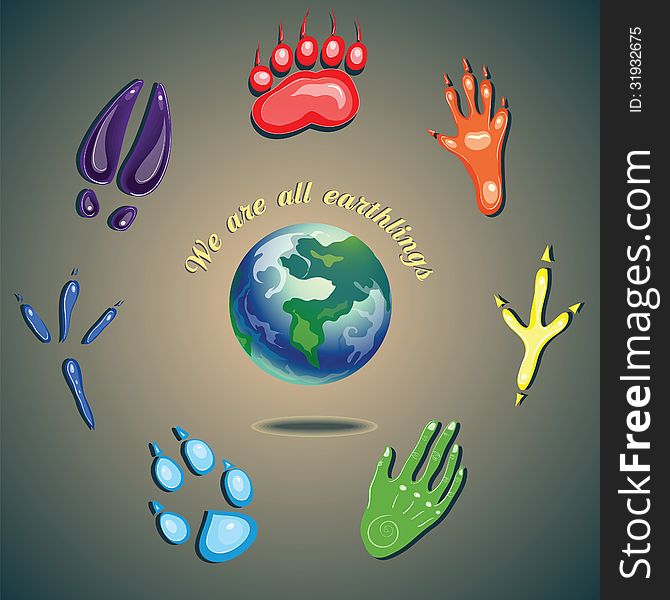 Humans and animals footprints. we are all earthlings. Humans and animals footprints. we are all earthlings