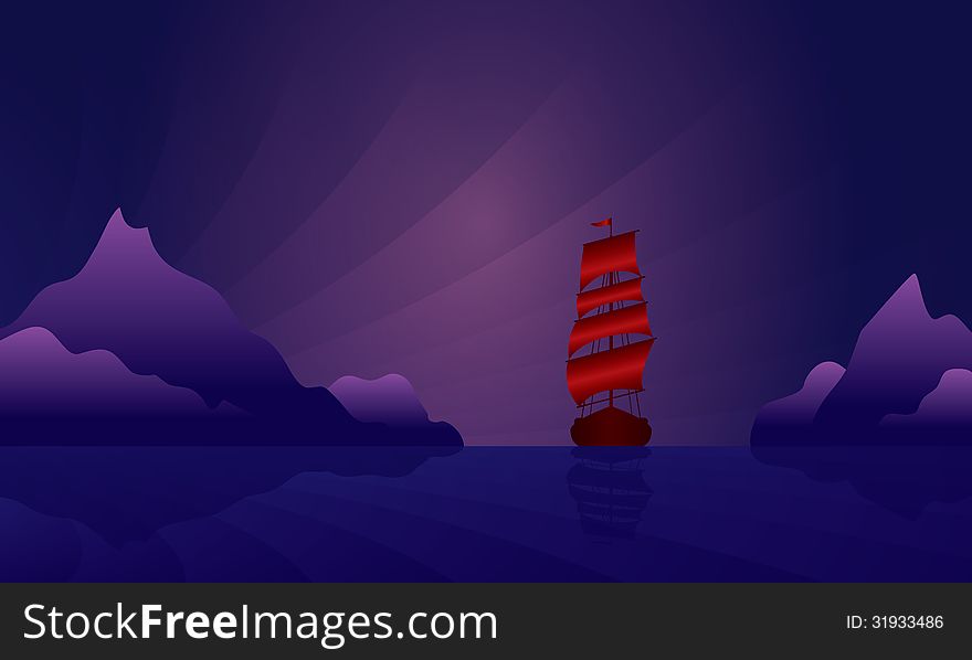 Sailing Ship On The Night Skyline