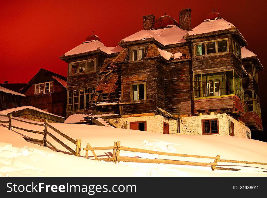 Old spookey house in the night on winter season somewere in Dracula`s country, Romania. Old spookey house in the night on winter season somewere in Dracula`s country, Romania.