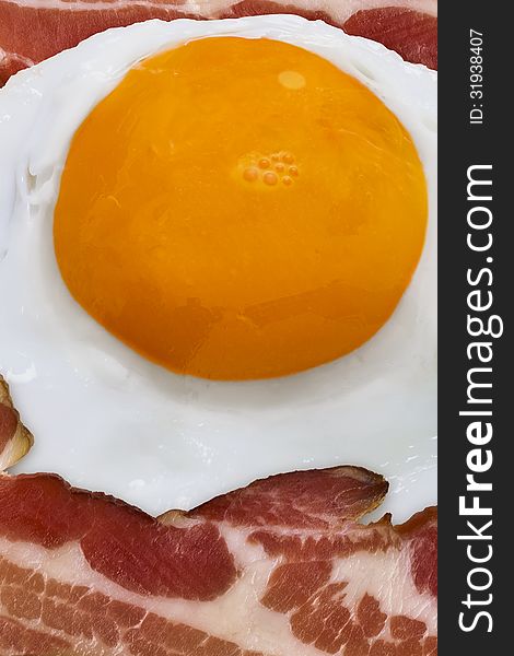 Sunny side up egg yolk with bacon slices, detail. Sunny side up egg yolk with bacon slices, detail.