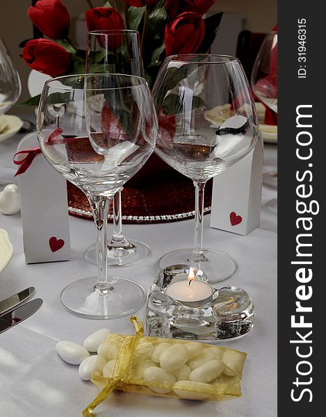 Wedding Table With Close Up On Wine Glasses.