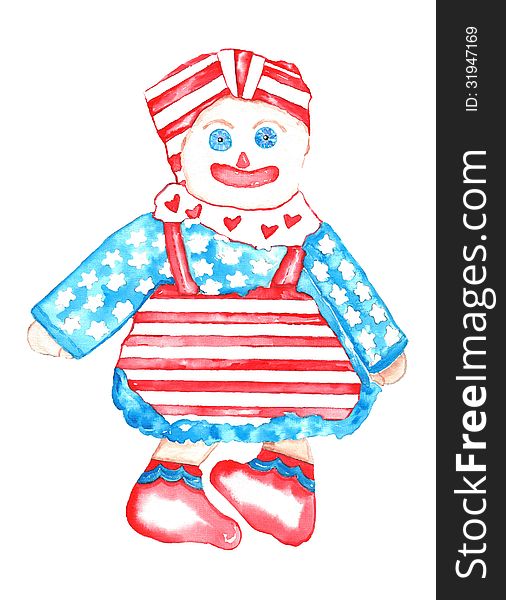 all American rag doll watercolor with a red and white stripe,  blue and white stars and hearts dress