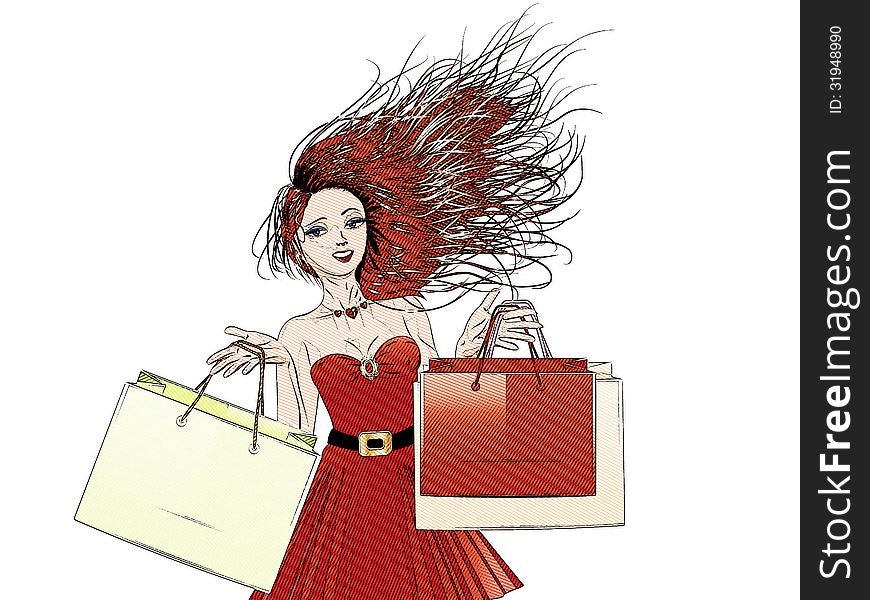 Cartoon woman in red dress with shopping bags in retro halftone style. Cartoon woman in red dress with shopping bags in retro halftone style.