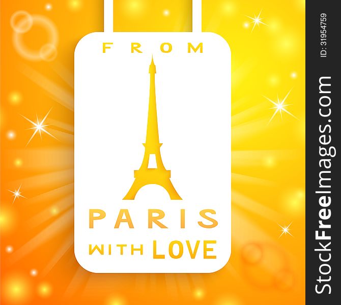 Eiffel tower applique background. Vector illustration for your shining romantic French design. White paper cutout with Paris sign on magic orange background. From Paris with love.