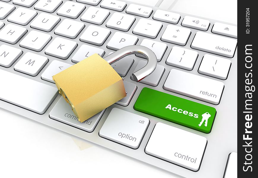 Green open access button on keyboard with padlock. Green open access button on keyboard with padlock