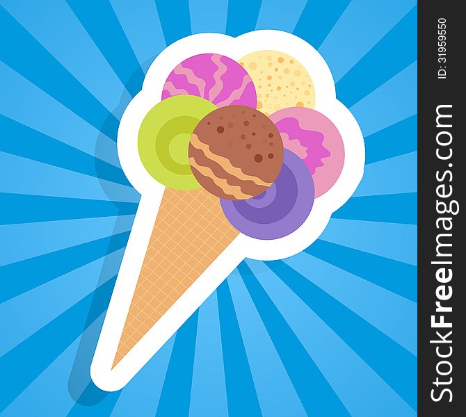 Colorful ice cream scoops on cone icon on blue beams background with cone and ball. Very delicious and funny. May use for design of happy frozen party. Use as leaflet, invitation or illustration.