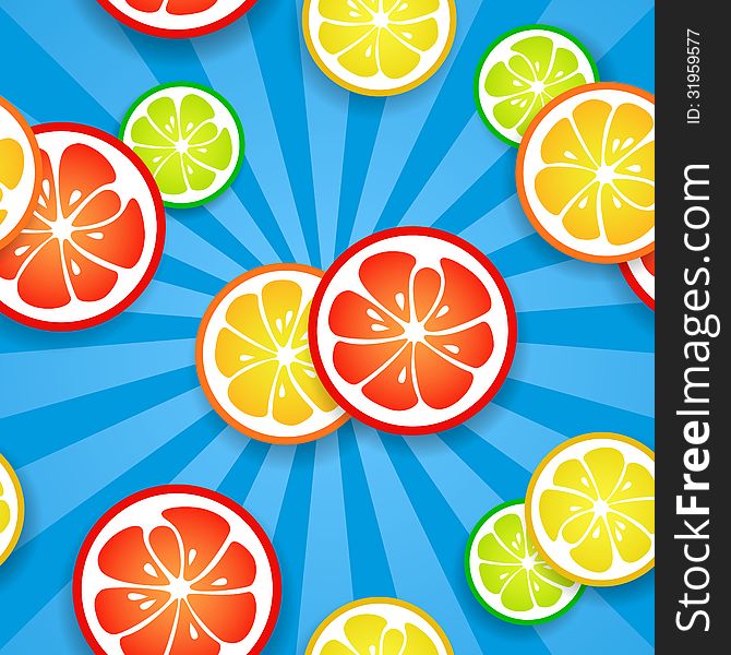 Slices of funny fresh citrus fruits on blue beams