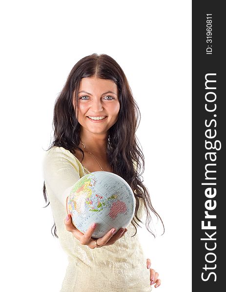 Woman with globe isolated on white. Woman with globe isolated on white