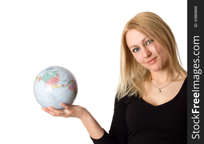 Woman with globe isolated on white. Woman with globe isolated on white